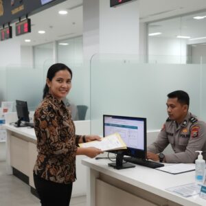 Perempuan Indonesia sedang mengurus pembuatan SIM di kantor pelayanan resmi dengan suasana profesional dan modern.