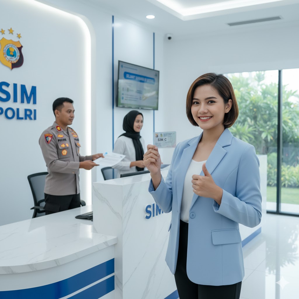 Perempuan Indonesia sedang mengurus pembuatan SIM di kantor pelayanan resmi dengan suasana profesional dan modern. dan di bantu biro jasa sim jabodetabek
