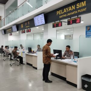Jasa Pembuatan SIM - Bayar Setelah Jadi Jasa pembuatan SIM – pria Indonesia mid 30s sedang mengurus pembuatan SIM dengan cepat dan mudah di kantor pelayanan resmi.