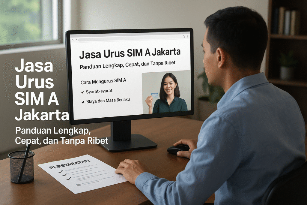 Jasa Urus SIM A Jakarta: Panduan Lengkap, Cepat, dan Tanpa Ribet Seorang pria sedang mengurus SIM A secara online di kantor dengan komputer menampilkan situs jasa urus SIM A Jakarta, lengkap dengan informasi syarat, biaya, dan panduan pembuatan SIM A