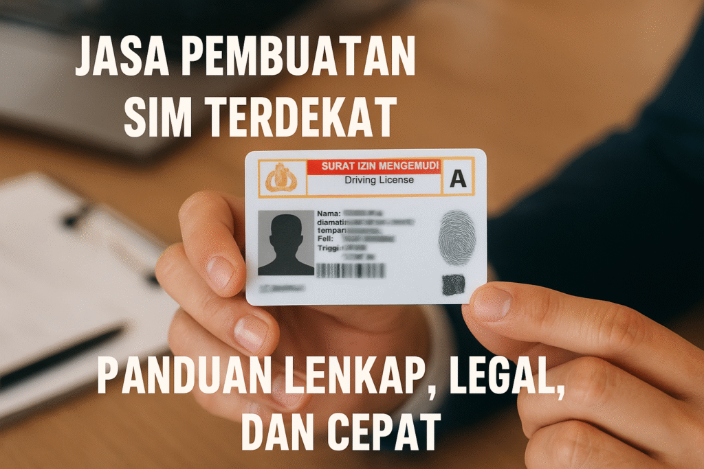 Foto realistis tangan memegang SIM A Indonesia dengan latar meja kantor, menampilkan teks ‘Jasa Pembuatan SIM Terdekat – Panduan Lengkap, Legal, dan Cepat’. Cocok untuk halaman layanan pembuatan dan perpanjangan SIM.