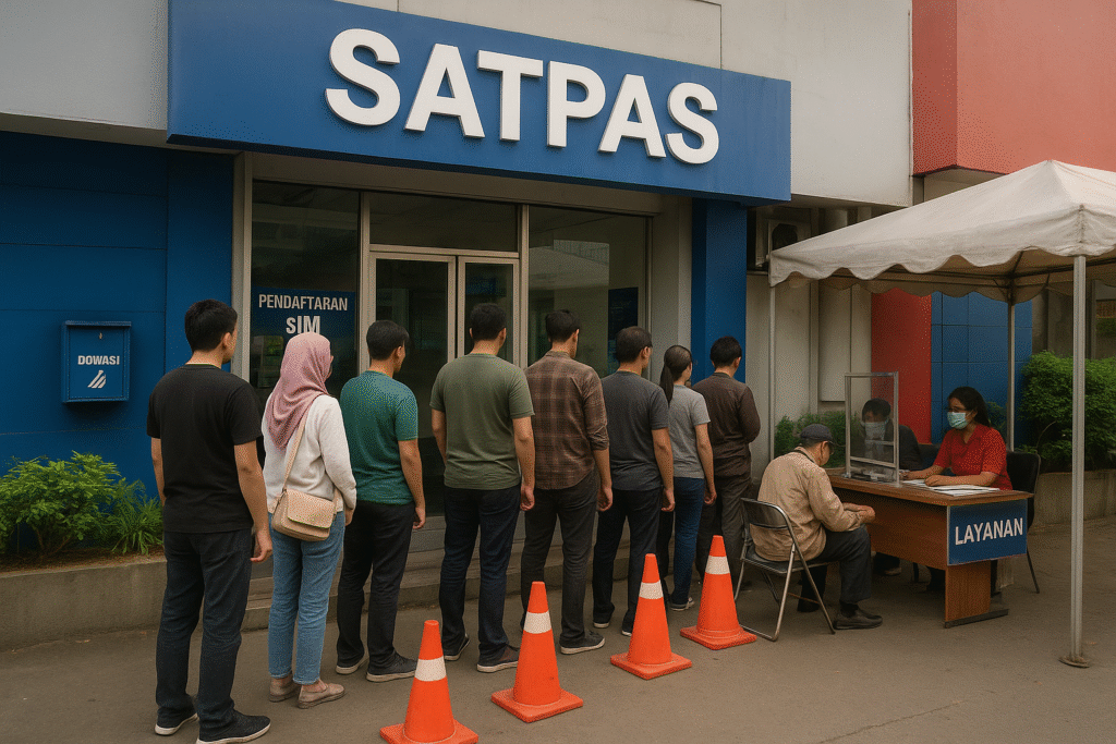 Suasana di lokasi Satpas Jakarta dengan warga yang sedang antre mengurus pembuatan dan perpanjangan SIM
