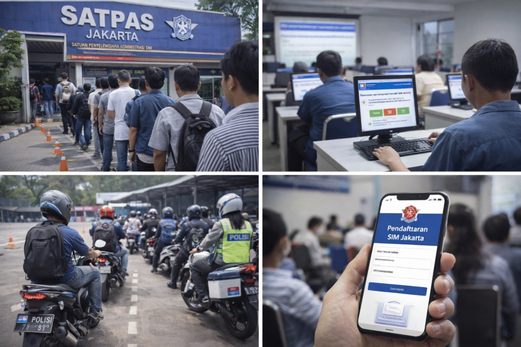 Antrean pemohon di Satpas Jakarta sebagai gambaran proses cara bikin SIM Jakarta secara resmi