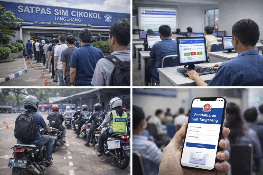 Proses cara bikin SIM Tangerang di Satpas Cikokol, mulai dari antrean pendaftaran, ujian teori komputer, ujian praktik motor, hingga pendaftaran SIM online