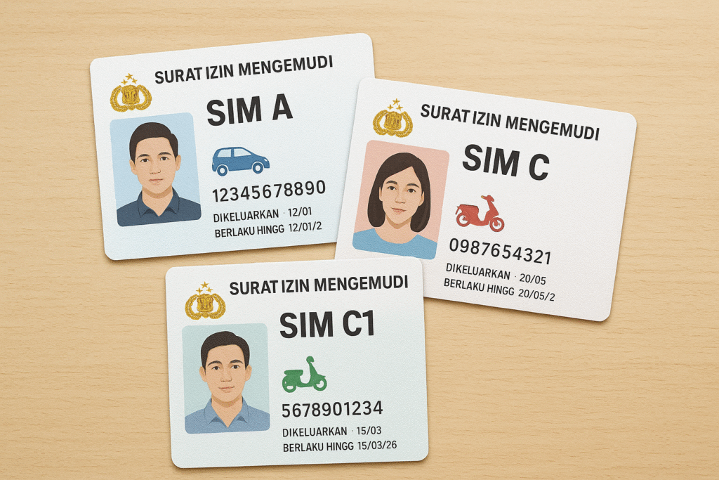 lustrasi perbedaan SIM A SIM C dan C1 berupa tiga kartu SIM bergaya realistis namun non-resmi yang menunjukkan perbedaan jenis kendaraan untuk mobil, motor biasa, dan motor 250–500cc.