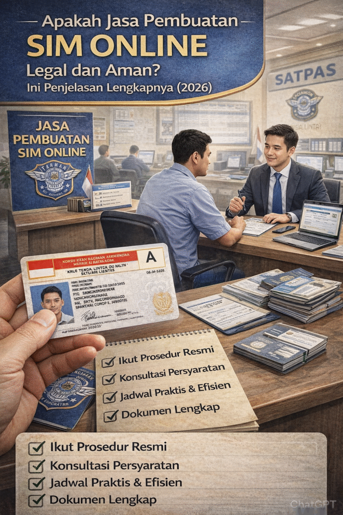 Ilustrasi jasa pembuatan SIM online legal dan aman di kantor SATPAS Jakarta dengan proses konsultasi, pendampingan administrasi, dan mengikuti prosedur resmi 2026