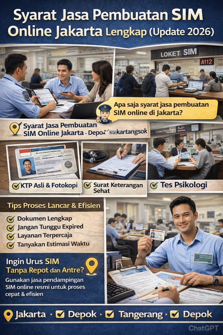 Ilustrasi proses syarat jasa pembuatan SIM online Jakarta 2026, menampilkan KTP asli, surat keterangan sehat, tes psikologi, dan layanan perpanjangan SIM tanpa antre.