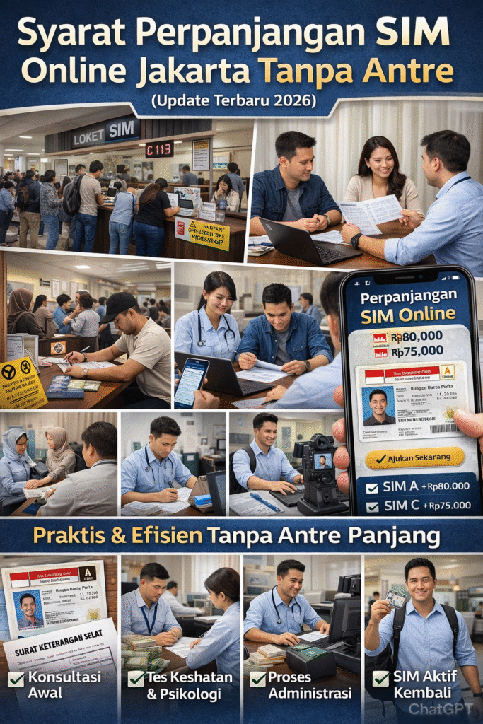 Syarat Perpanjangan SIM Online Jakarta Tanpa Antre (Update Terbaru 2026) syarat perpanjang sim onlineIlustrasi proses syarat perpanjangan SIM online Jakarta tanpa antre 2026, mulai dari konsultasi, tes kesehatan dan psikologi, verifikasi dokumen, hingga SIM aktif kembali secara resmi.