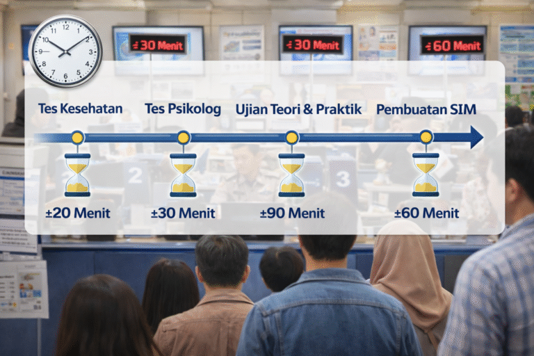Tabel rincian estimasi berapa lama proses pembuatan sim baru dari awal hingga selesai.