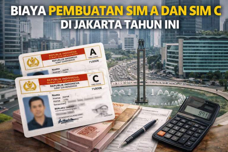 Pusat informasi Satpas SIM Jakarta yang sepi tanpa orang, menampilkan poster rincian biaya pembuatan sim baru dan perpanjangan tahun ini (2026), formulir, dan terminal pembayaran cashless.