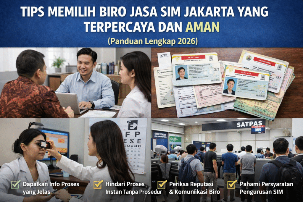 Tips memilih biro jasa SIM Jakarta terpercaya dengan ilustrasi konsultasi layanan, dokumen SIM, pemeriksaan kesehatan, dan antrean Satpas.