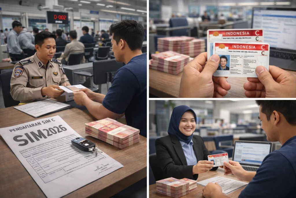 Petugas Polwan yang ramah menyerahkan kartu SIM baru kepada seorang wanita di loket pelayanan SATPAS, mengilustrasikan proses pengambilan dokumen setelah menyelesaikan pembayaran biaya pembuatan SIM C. Di atas meja putih terdapat dokumen aplikasi, paspor hijau Indonesia, kartu identitas, dan alat pemindai sidik jari biometrik. Latar belakang yang cerah menampilkan area tunggu yang tertib dengan pemohon lain dan pemandangan lintasan ujian praktik motor dari jendela besar.