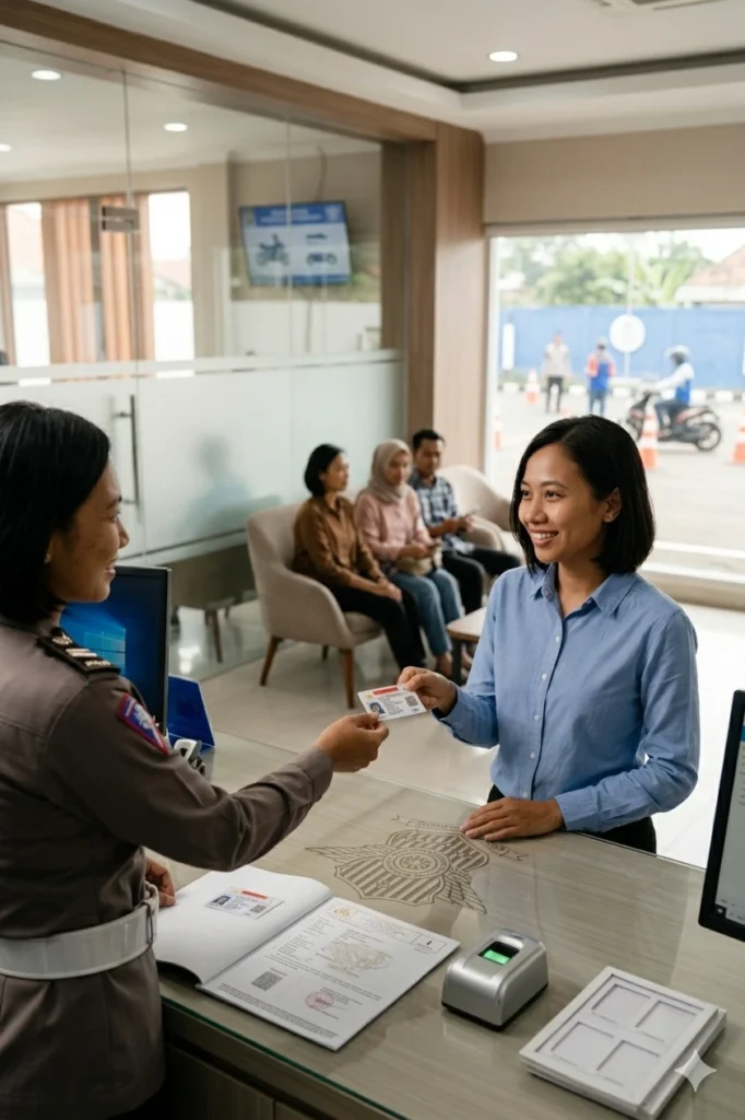 Seorang petugas polisi lalu lintas wanita Indonesia (Polwan) sedang duduk di meja pelayanan SATPAS, tersenyum ramah dan menyerahkan Surat Izin Mengemudi (SIM C) yang baru dicetak kepada seorang wanita pemohon. Pemohon, yang mengenakan kemeja biru, juga tersenyum. Di atas meja terlihat dokumen SIM C baru, tumpukan formulir, formulir foto, dan mesin biometrik. Latar belakang yang buram menunjukkan area tunggu dengan pemohon lain dan pemandangan luar melalui jendela besar di fasilitas SATPAS modern.