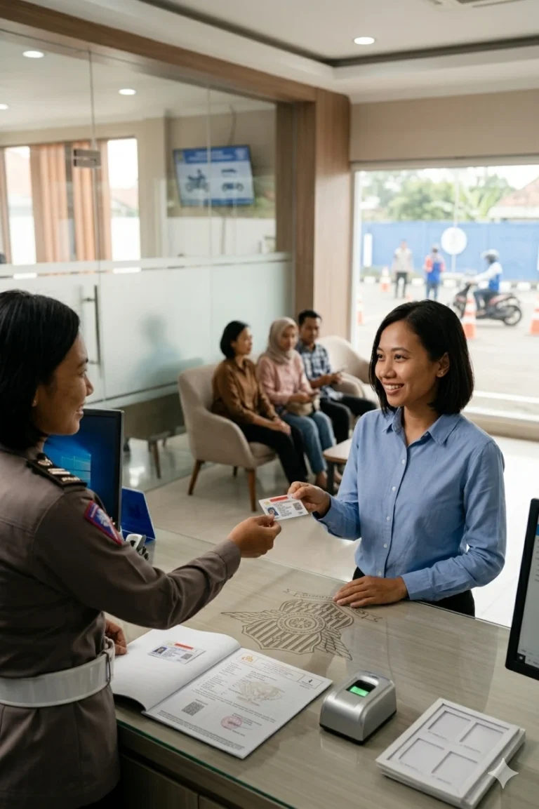 Seorang petugas polisi lalu lintas wanita Indonesia (Polwan) sedang duduk di meja pelayanan SATPAS, tersenyum ramah dan menyerahkan Surat Izin Mengemudi (SIM C) yang baru dicetak kepada seorang wanita pemohon. Pemohon, yang mengenakan kemeja biru, juga tersenyum. Di atas meja terlihat dokumen SIM C baru, tumpukan formulir, formulir foto, dan mesin biometrik. Latar belakang yang buram menunjukkan area tunggu dengan pemohon lain dan pemandangan luar melalui jendela besar di fasilitas SATPAS modern.