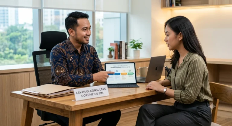 Dua pria Indonesia sedang melakukan verifikasi legalitas dokumen biro jasa SIM menggunakan tablet di kantor modern yang aman dan terpercaya, sesuai panduan cara memilih layanan resmi