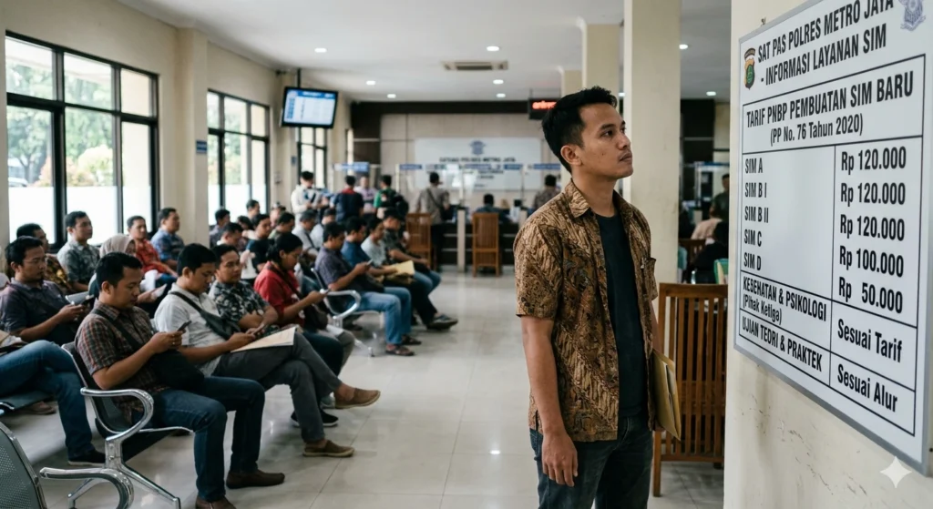 Biaya Pembuatan SIM A Tahun 2026 Pria berbaju batik melihat papan informasi rincian tarif dan biaya pembuatan SIM A terbaru tahun 2026 di kantor Satpas