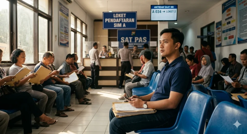 Cara Membuat SIM A Baru Tahun 2026: Syarat, Biaya, dan Tips Lulus Ujian Sekali Coba Pria sedang mengantre di kantor Satpas untuk mencari tahu cara membuat SIM A mobil terbaru