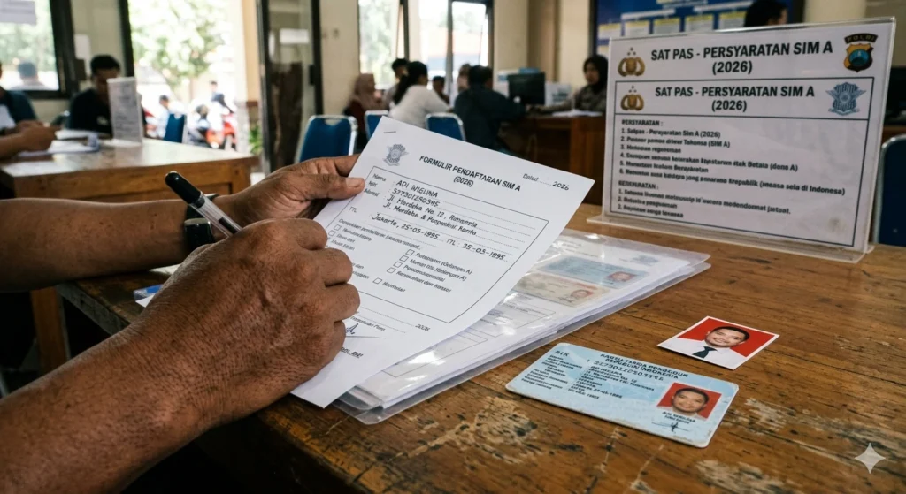 Syarat Pembuatan SIM A Terbaru Tahun 2026 Seseorang mengisi formulir pendaftaran untuk memenuhi syarat pembuatan SIM A terbaru tahun 2026 di Satpas