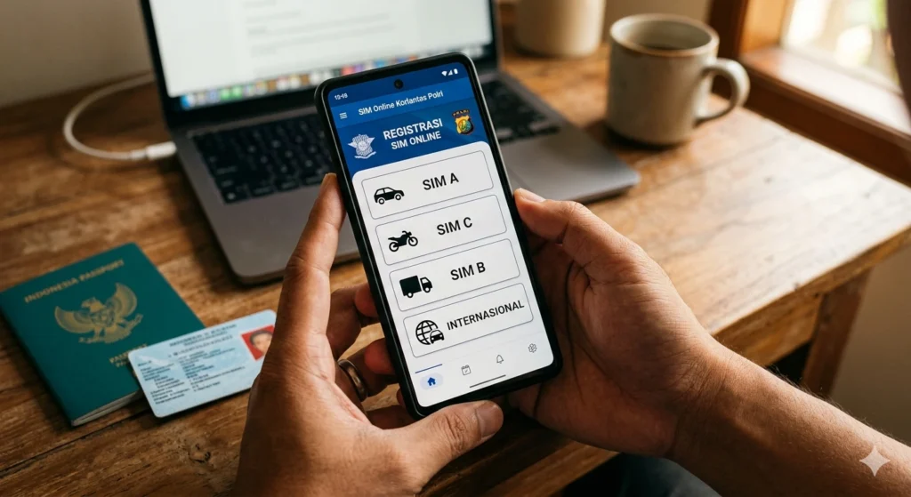 Syarat Pembuatan SIM Online Terbaru 2026: SIM A, C, B, Internasional & WNA Menampilkan menu aplikasi smartphone untuk memeriksa syarat pembuatan SIM online terbaru 2026 bagi kategori SIM A, C, B, dan Internasional.