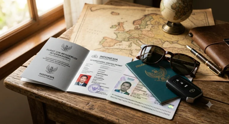 Buku SIM Internasional Indonesia bersanding dengan paspor RI, kacamata hitam, dan kunci mobil di atas meja kayu sebagai persiapan berkendara di luar negeri.