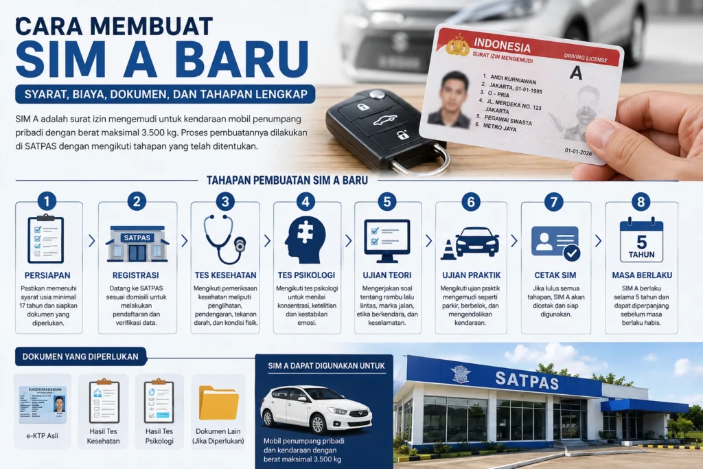 Infografis tahapan cara membuat SIM A baru beserta syarat, dokumen, biaya, dan proses pendaftaran di SATPAS.
