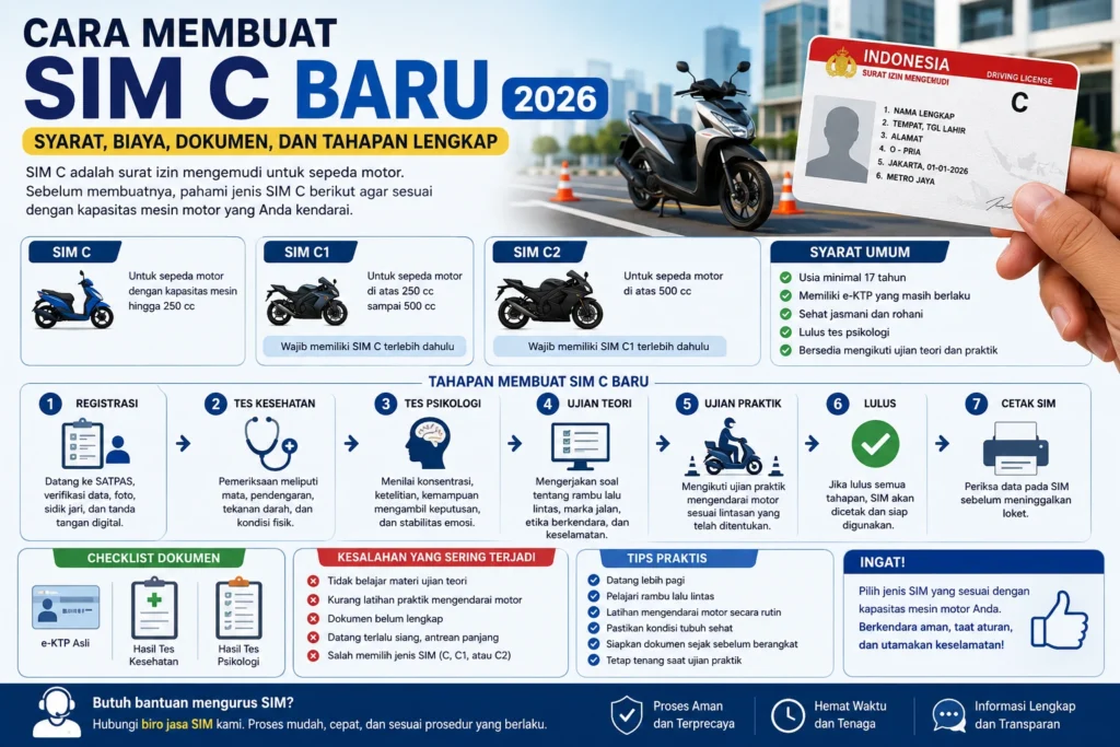 Infografis cara membuat SIM C baru 2026 lengkap dengan syarat, biaya, dokumen, tahapan pendaftaran, serta perbedaan SIM C, SIM C1, dan SIM C2.